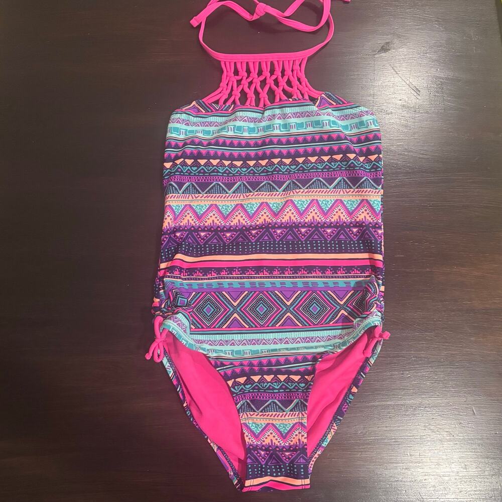 Girls Geometric Neon Western Print One Piece Swimsuit sz12